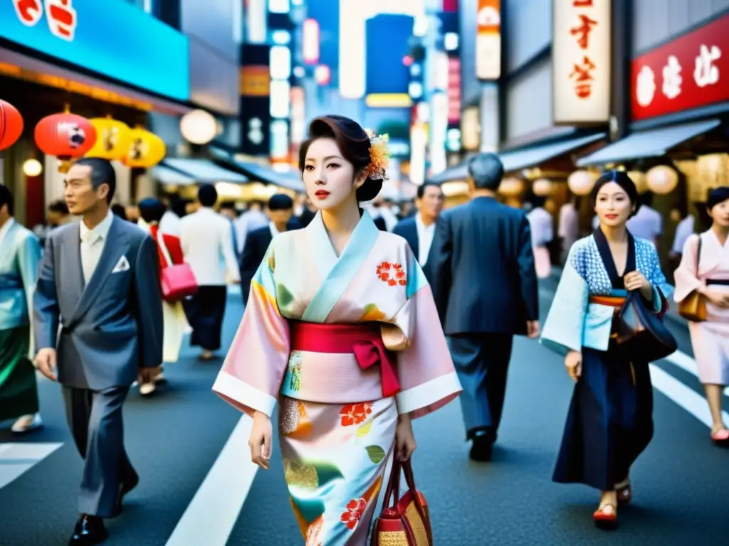 Una bulliciosa calle de Tokio muestra una mezcla de moda japonesa tradicional y contemporánea, reflejando el impacto cultural de la moda japonesa