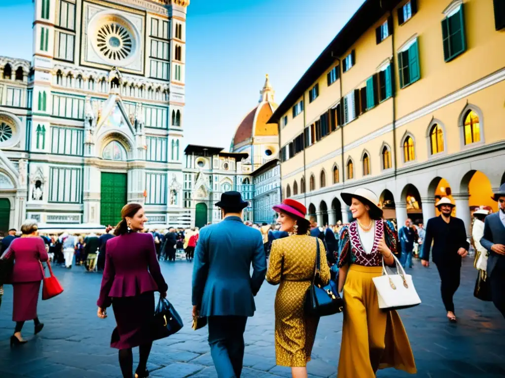 Una bulliciosa calle de Florencia, Italia, muestra una mezcla de moda tradicional y contemporánea, reflejando la historia de la moda italiana