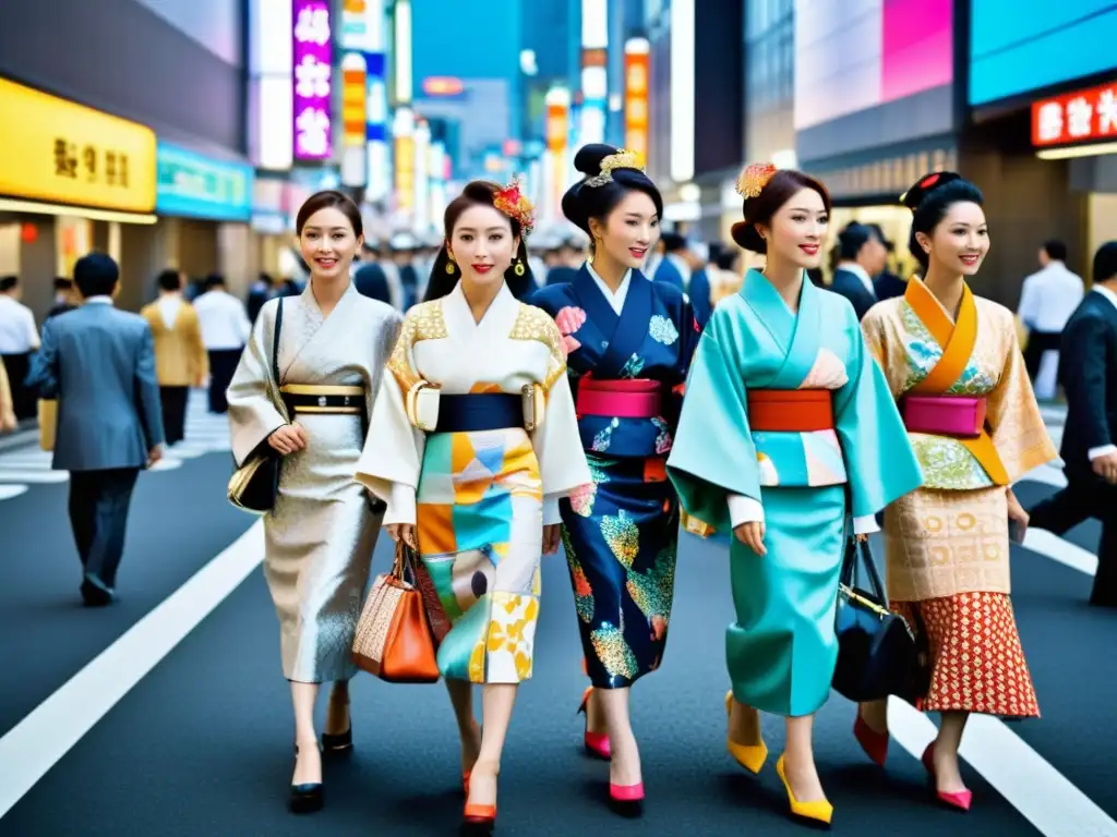 Una bulliciosa calle de Tokio, donde la moda japonesa contemporánea se entrelaza con la tradición en un vibrante contraste de estilos y colores