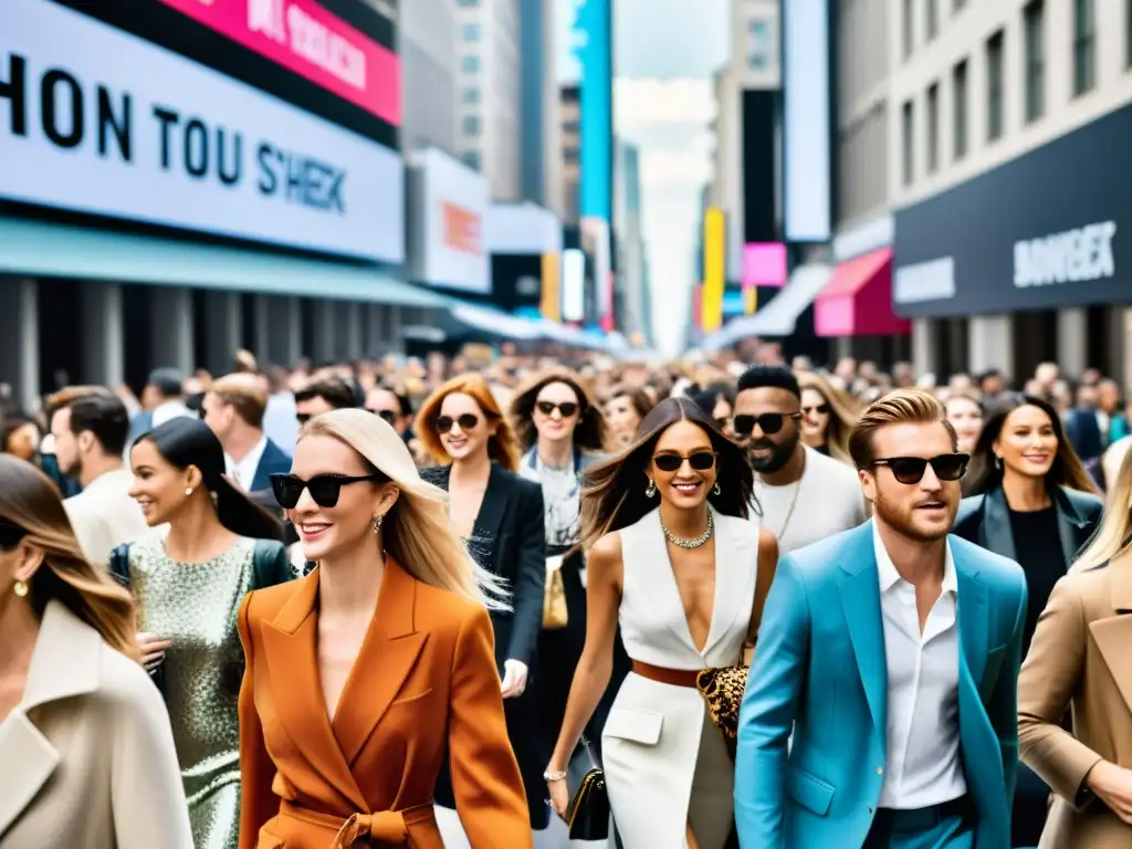 Una bulliciosa calle de moda durante la semana de la moda, con diseñadores, modelos y entusiastas