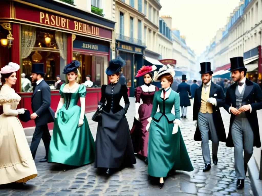 Una bulliciosa calle parisina del siglo XIX llena de elegancia y estilo, capturando el impacto cultural de la moda a lo largo de la historia