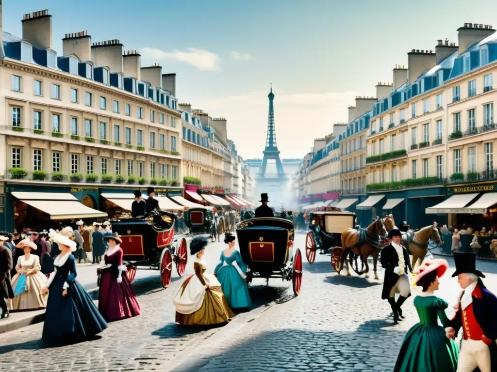 Una bulliciosa calle parisina del siglo XVIII muestra la moda y el cambio social en Francia, con elegantes vestimentas y animada actividad