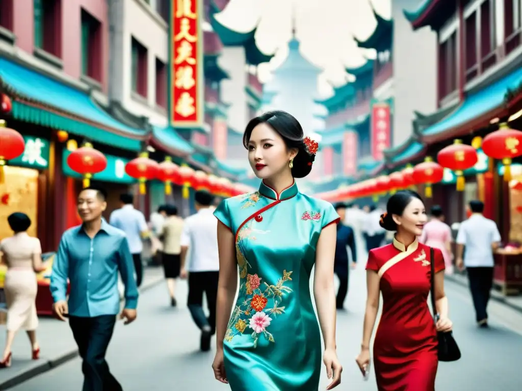 Una bulliciosa calle de Shanghai con moda moderna y elegantes trajes Cheongsam, fusionando lo tradicional con la vida urbana contemporánea