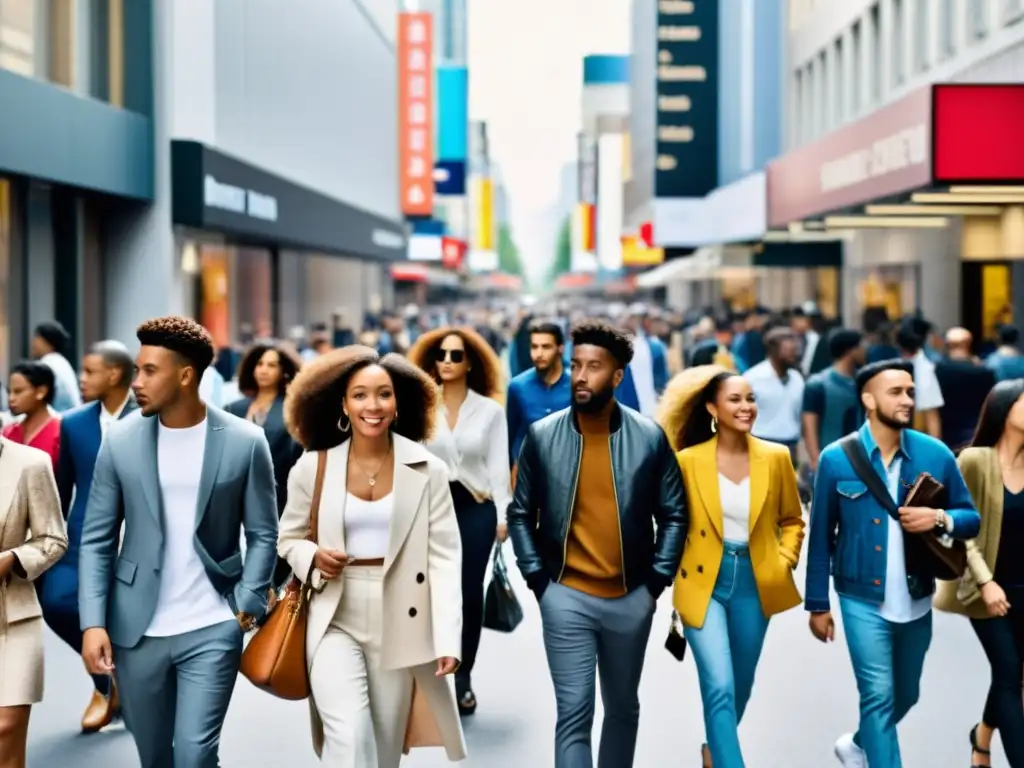 Una bulliciosa calle urbana muestra la diversidad de atuendos y estilos, reflejando la influencia del vestir en interacciones sociales