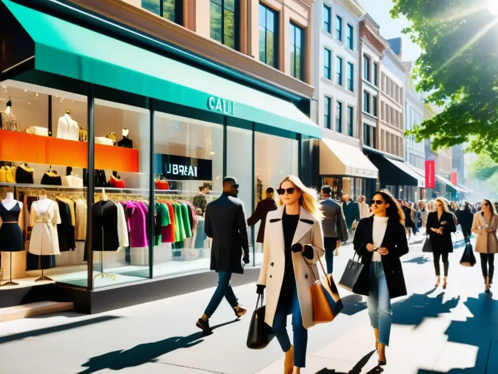 Escena urbana llena de moda y estilo Una bulliciosa calle urbana llena de boutiques de moda, con gente elegante paseando y mirando escaparates