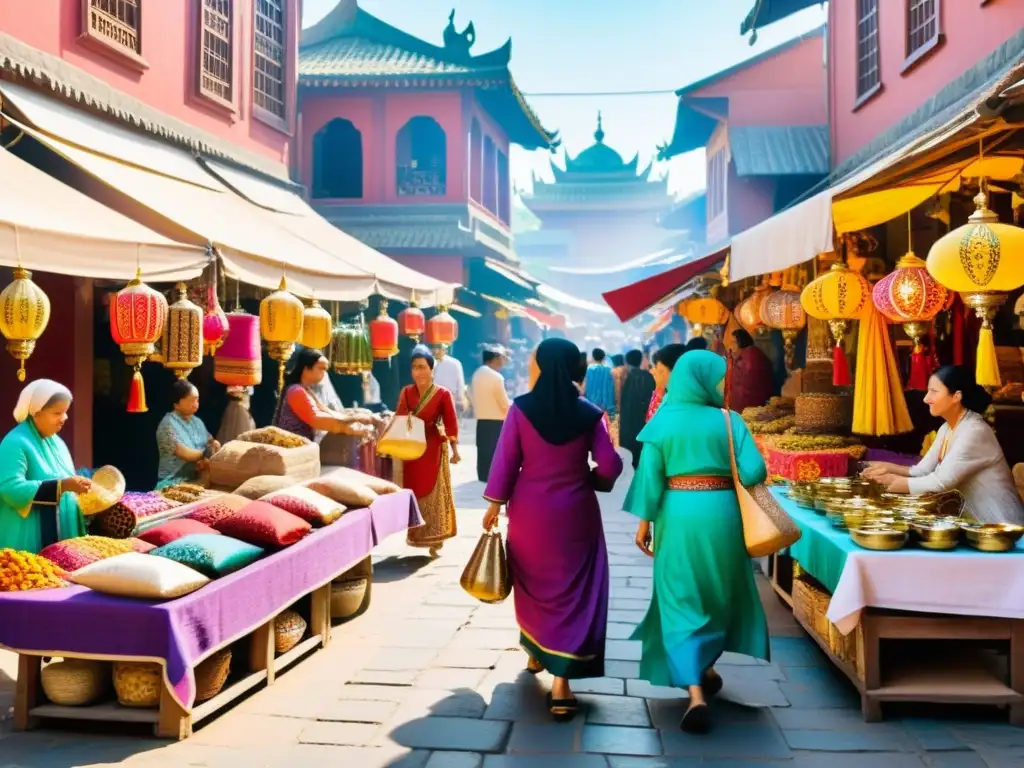 Una bulliciosa feria en Asia Central, mujeres en trajes tradicionales, tejidos y joyas