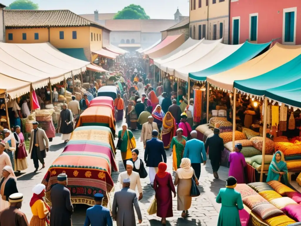 Una bulliciosa feria llena de personas de diversas culturas vistiendo trajes tradicionales, exhibiendo una impactante mezcla cultural en la moda