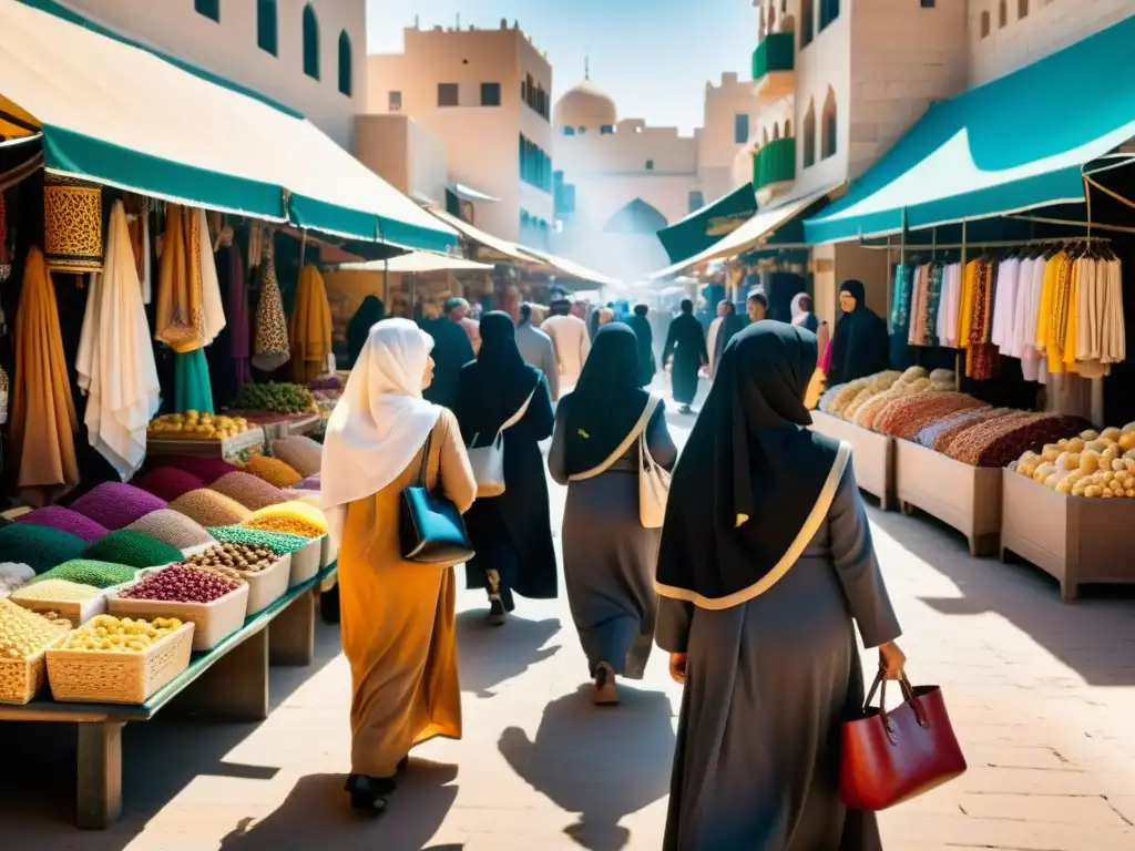 Una bulliciosa feria muestra la moda islámica: tradición y modernidad, con vibrantes colores y patrones en la vestimenta tradicional