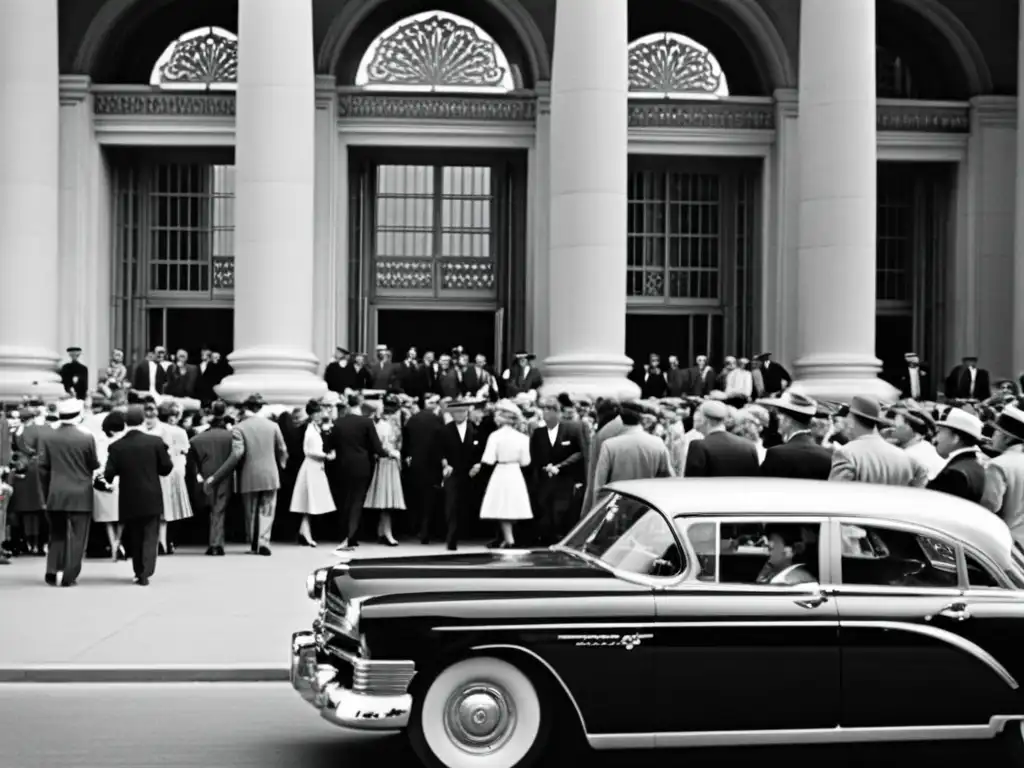 Una bulliciosa multitud de moda de la década de 1950 frente a un elegante edificio, evocando la elegancia de la Semana de la Moda del siglo XX