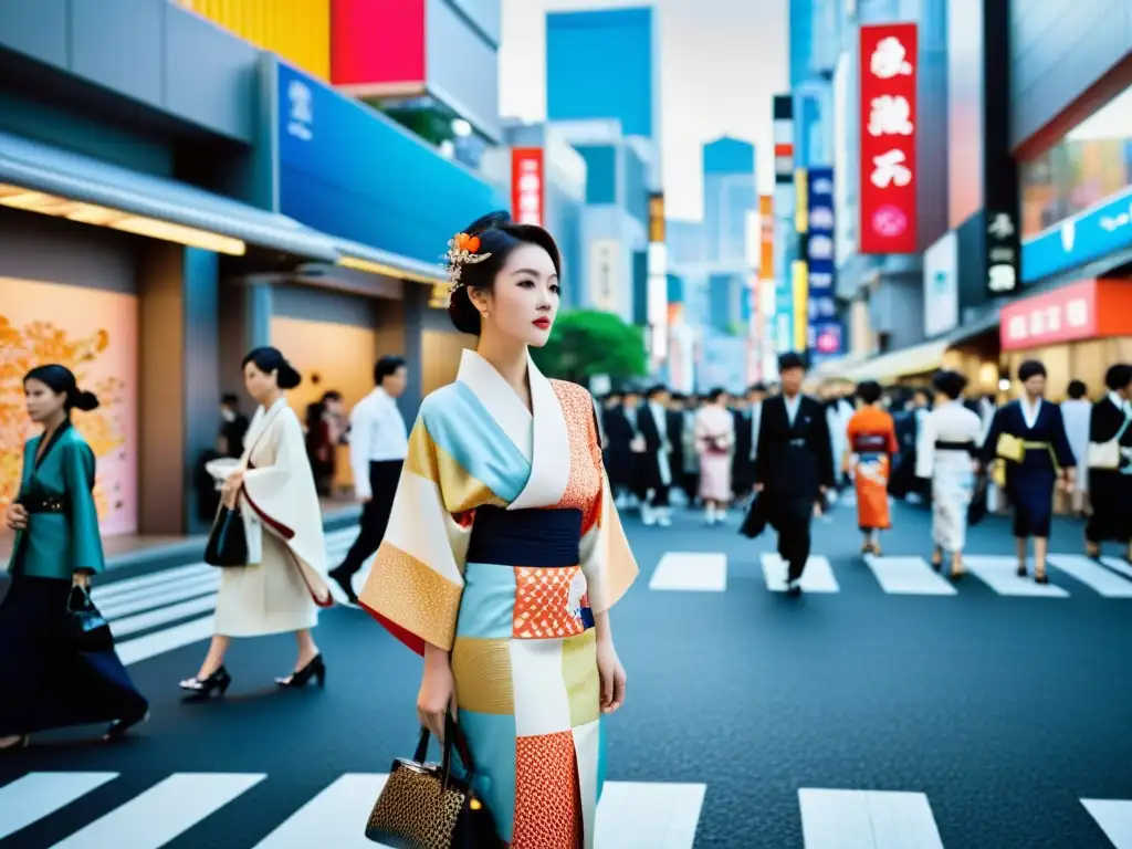 Un bullicioso desfile de moda en las calles de Tokio durante la Semana de la Moda, fusionando tradición y modernidad con energía vibrante