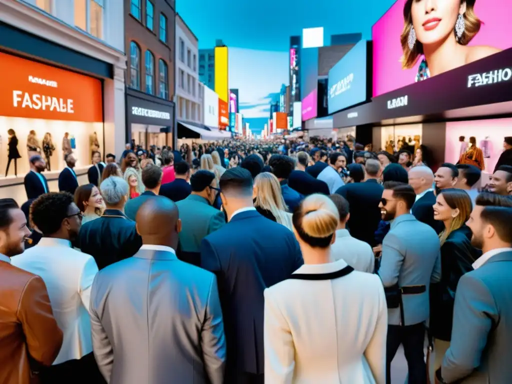 Un bullicioso evento de lanzamiento de moda en una concurrida calle de la ciudad, capturando el impacto cultural de la moda en la era digital