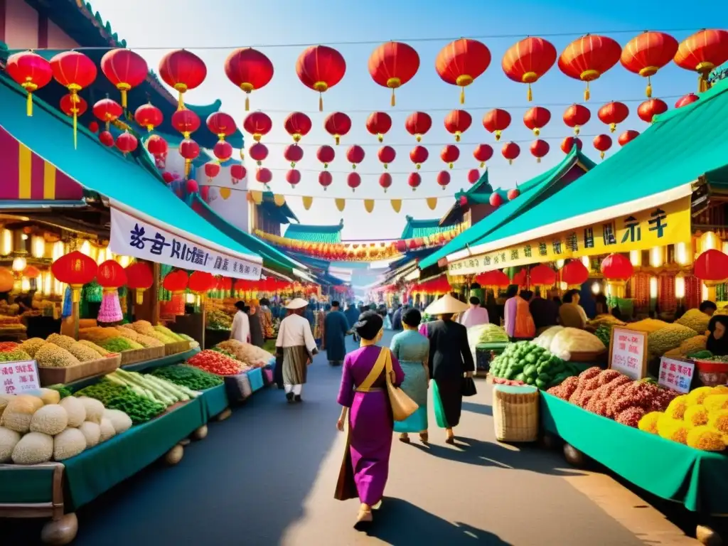 Un bullicioso mercado asiático que muestra moda tradicional y globalización, con un trasfondo de arquitectura ornamental