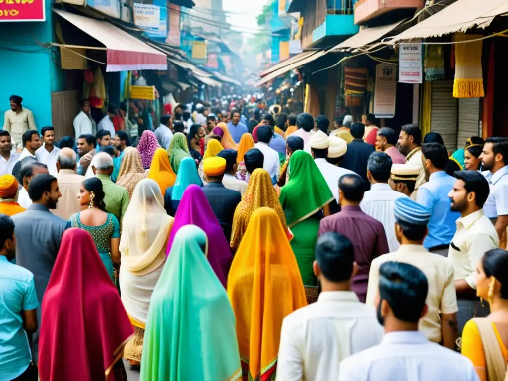 Un bullicioso mercado callejero en India, donde la diversidad cultural se refleja en la vibrante y única ropa tradicional de la gente