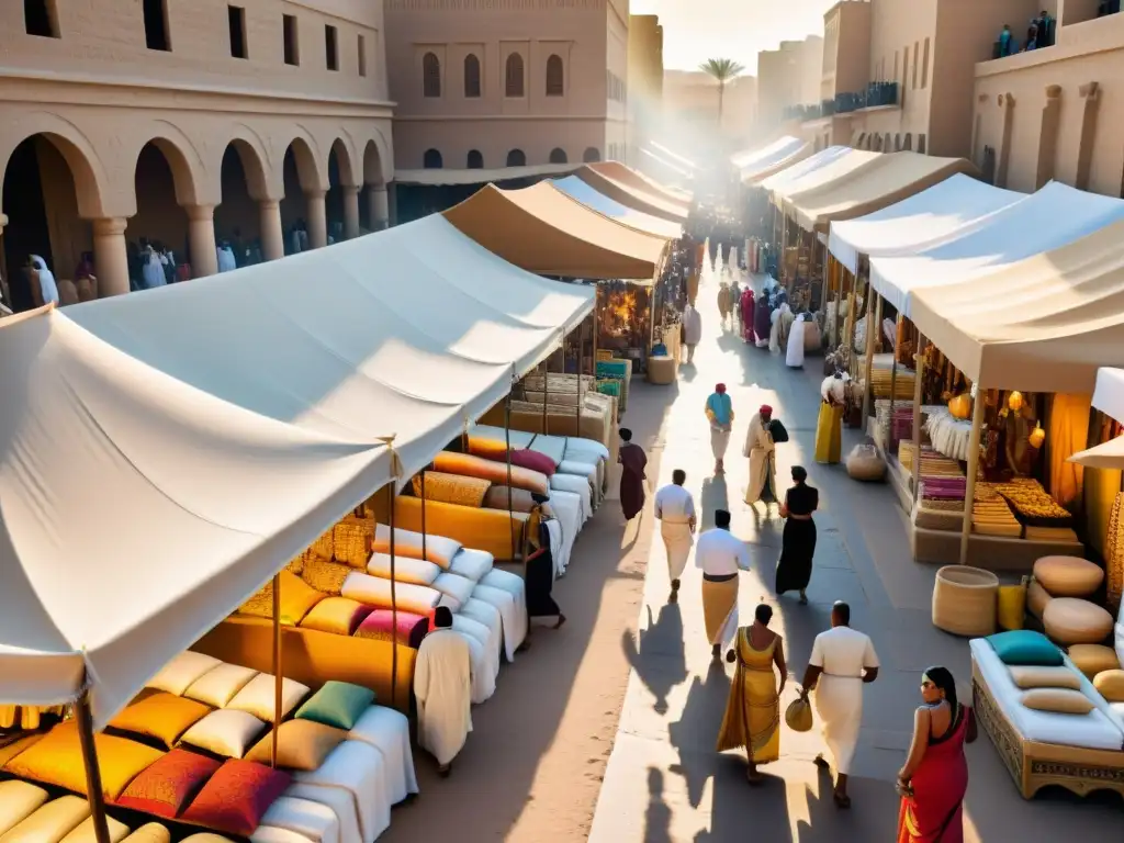 Un bullicioso mercado egipcio con lujosos linos, moda y elegancia en la frescura del antiguo Egipto