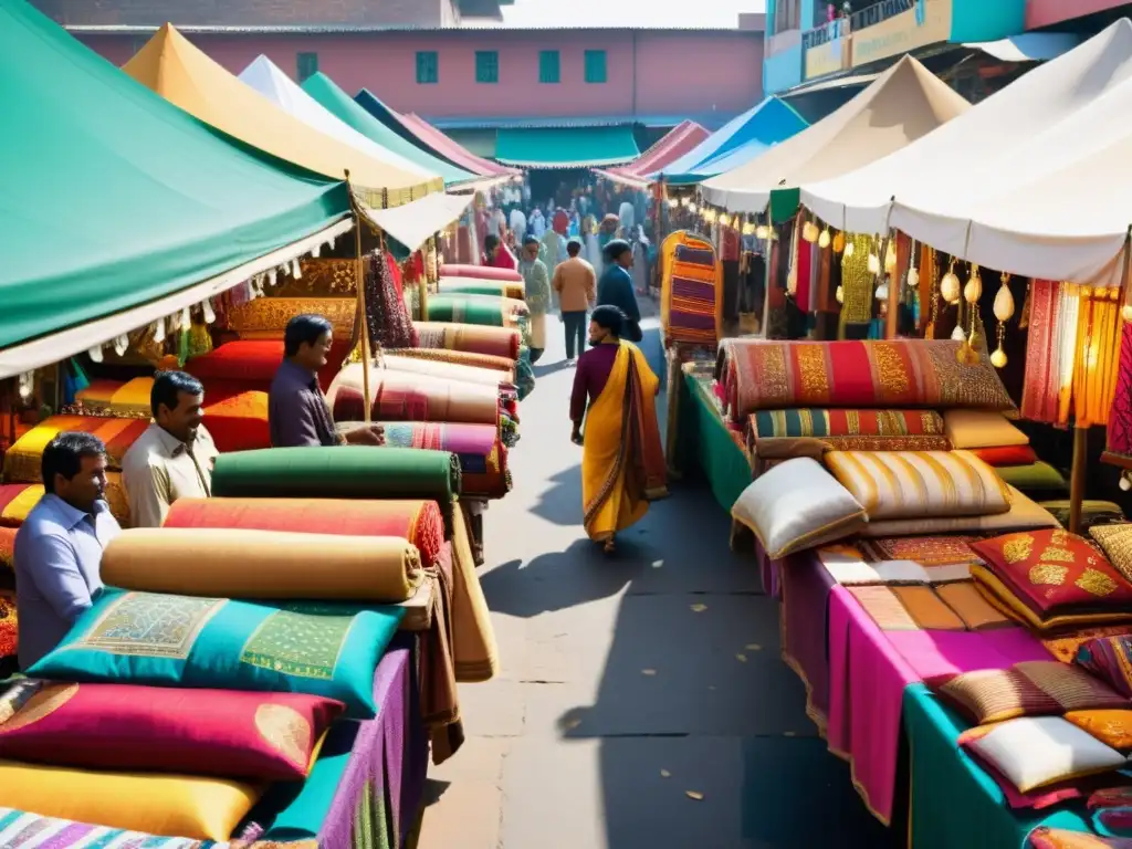 Un bullicioso mercado indio rebosante de textiles y ropa tradicional, con influencia de los festivales indios en la moda