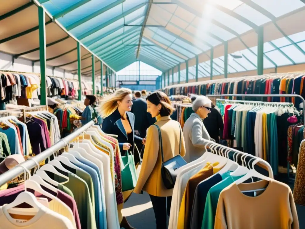 Un bullicioso mercado de ropa de segunda mano, lleno de color y diversidad