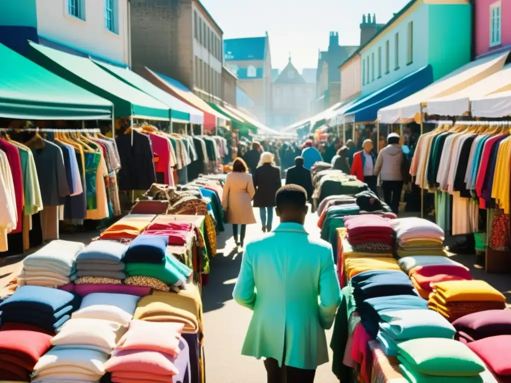 Un bullicioso mercado de ropa de segunda mano con prendas coloridas y variadas en exhibición