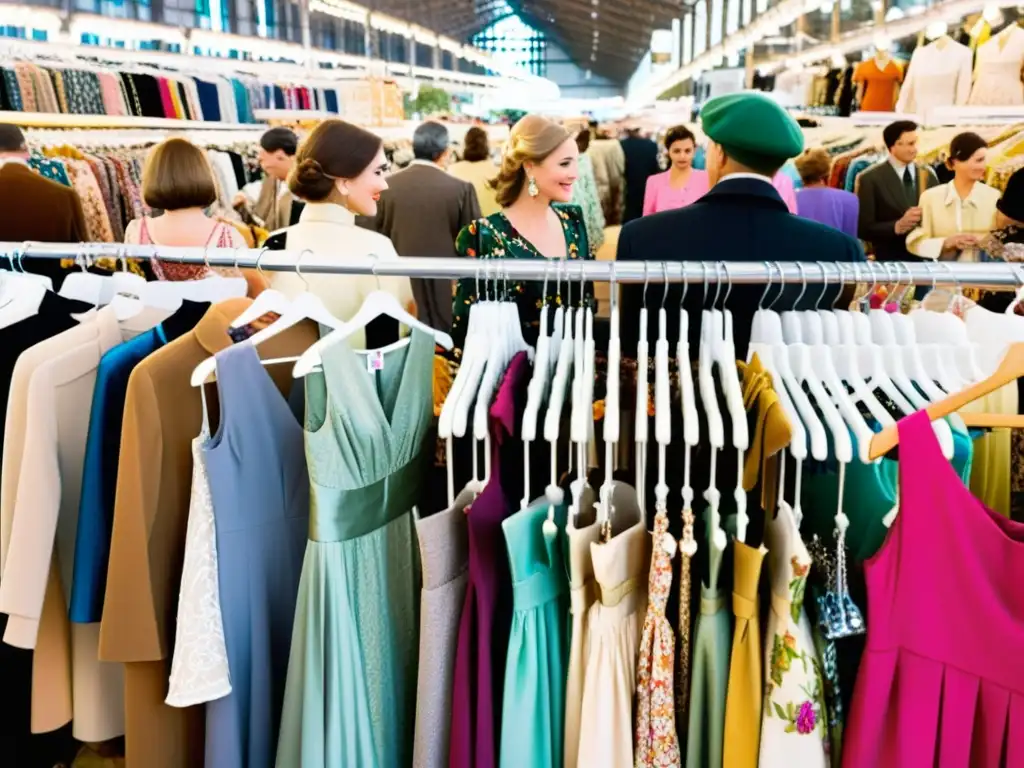 Un bullicioso mercado de ropa vintage con prendas coloridas y clientes emocionados examinando los detalles