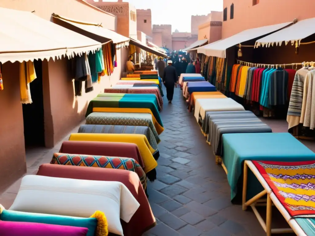 Un bullicioso mercado en Marrakech, Marruecos, muestra textiles tradicionales y ropa