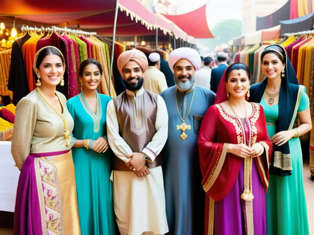 Un bullicioso mercado del Medio Oriente, con vestimenta tradicional del Medio Oriente en vibrantes colores y telas