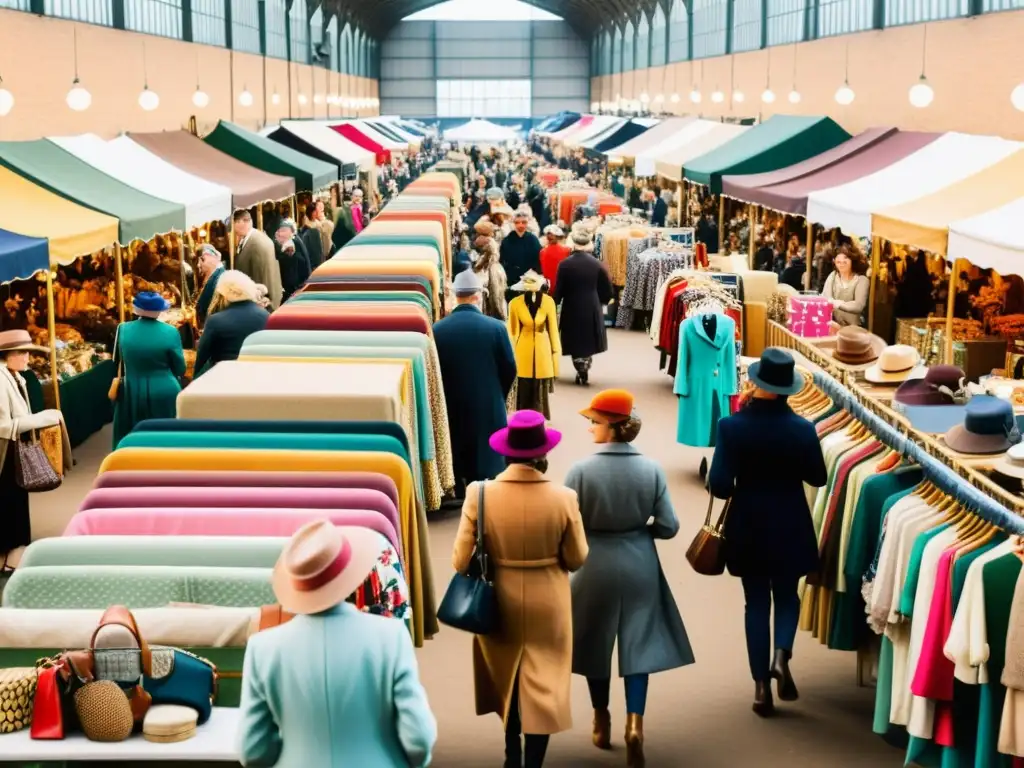 Un bullicioso mercado vintage con coloridos puestos y ropa exclusiva