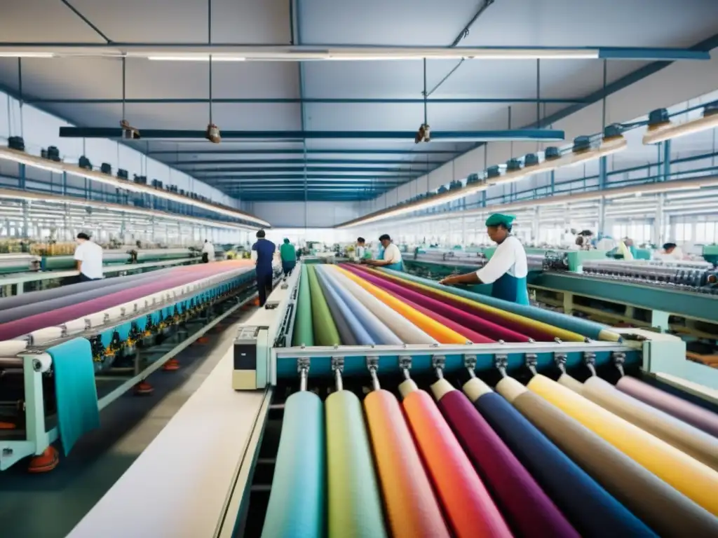 Un bullicioso taller textil donde los trabajadores colaboran en la producción, rodeados de telas coloridas y maquinaria industrial