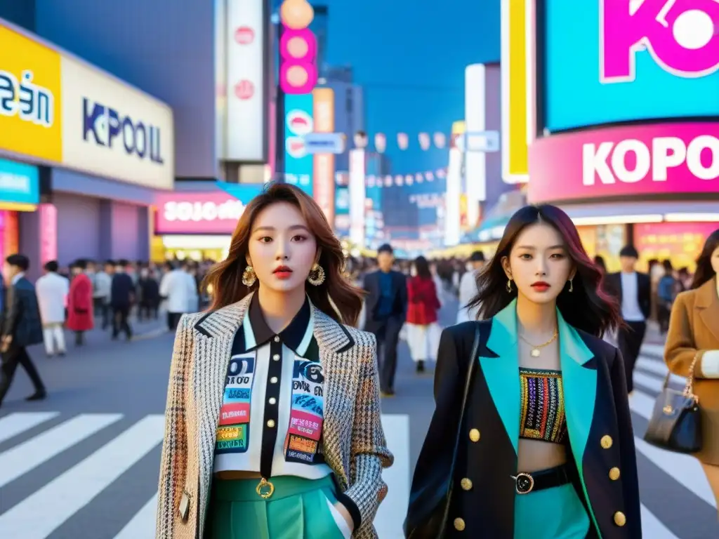 Un bullicioso y vibrante callejón de Seúl, con moda influenciada por el KPop y luminosos carteles de fondo