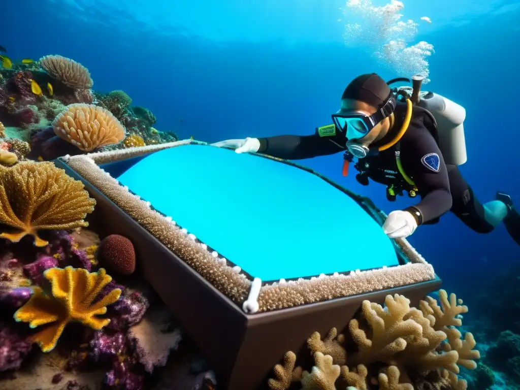 Un buzo descubre el Gran Diamante Azul entre corales coloridos en el fondo marino