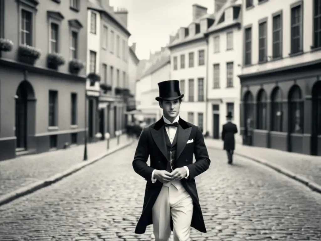 Un caballero elegante con sombrero de copa camina por una calle empedrada, destacando la importancia histórica de sombreros de época