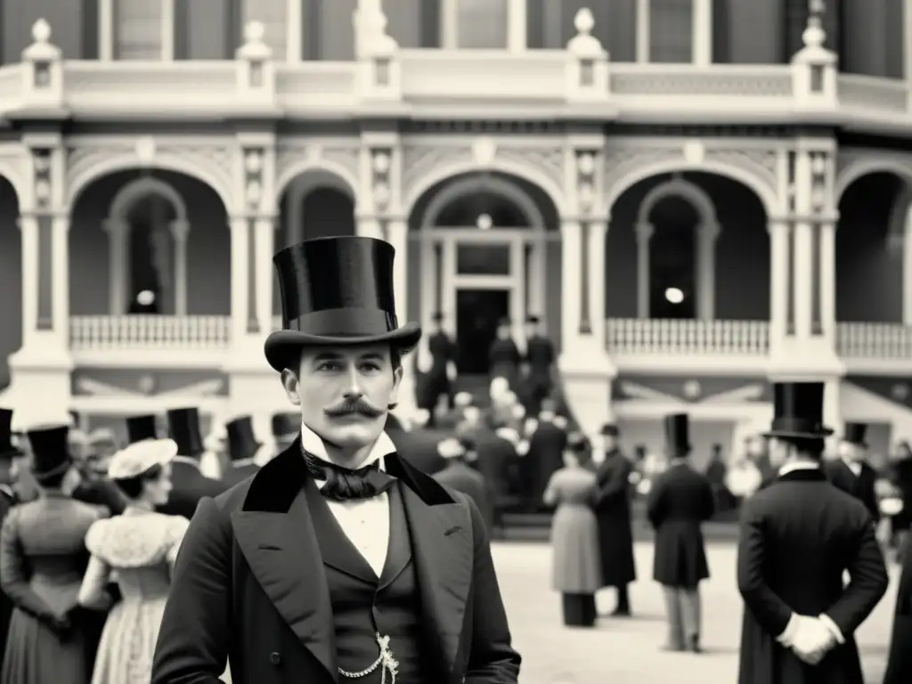 Un caballero con sombrero de copa se destaca entre la multitud frente a un majestuoso edificio victoriano