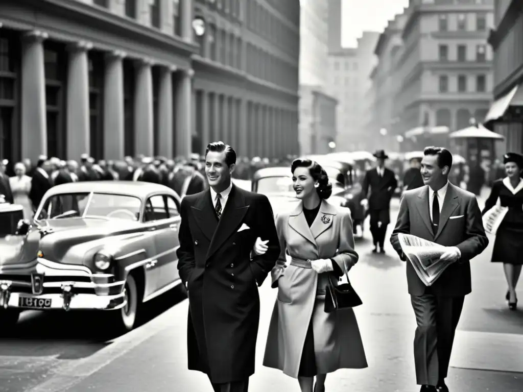 Una calle bulliciosa de la ciudad en los años 50, con elegantes peatones y edificios imponentes