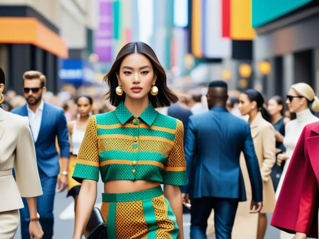 Una calle bulliciosa durante un desfile de moda, mostrando colores y texturas vibrantes de estilos diversos