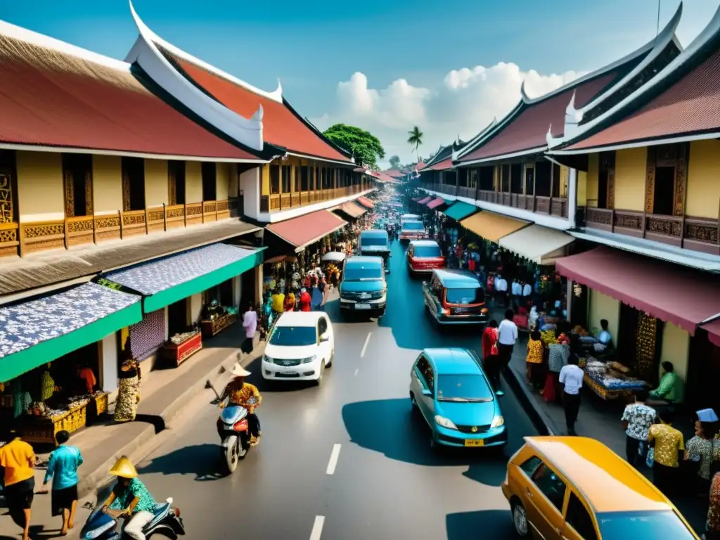 Una calle bulliciosa en Indonesia llena de gente usando ropa batik