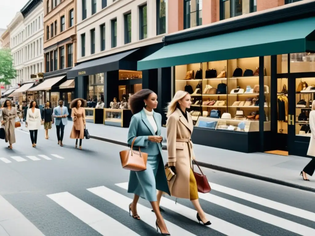 Una calle bulliciosa llena de boutiques de moda y tiendas de diseño, con personas de diferentes clases sociales y vestimentas