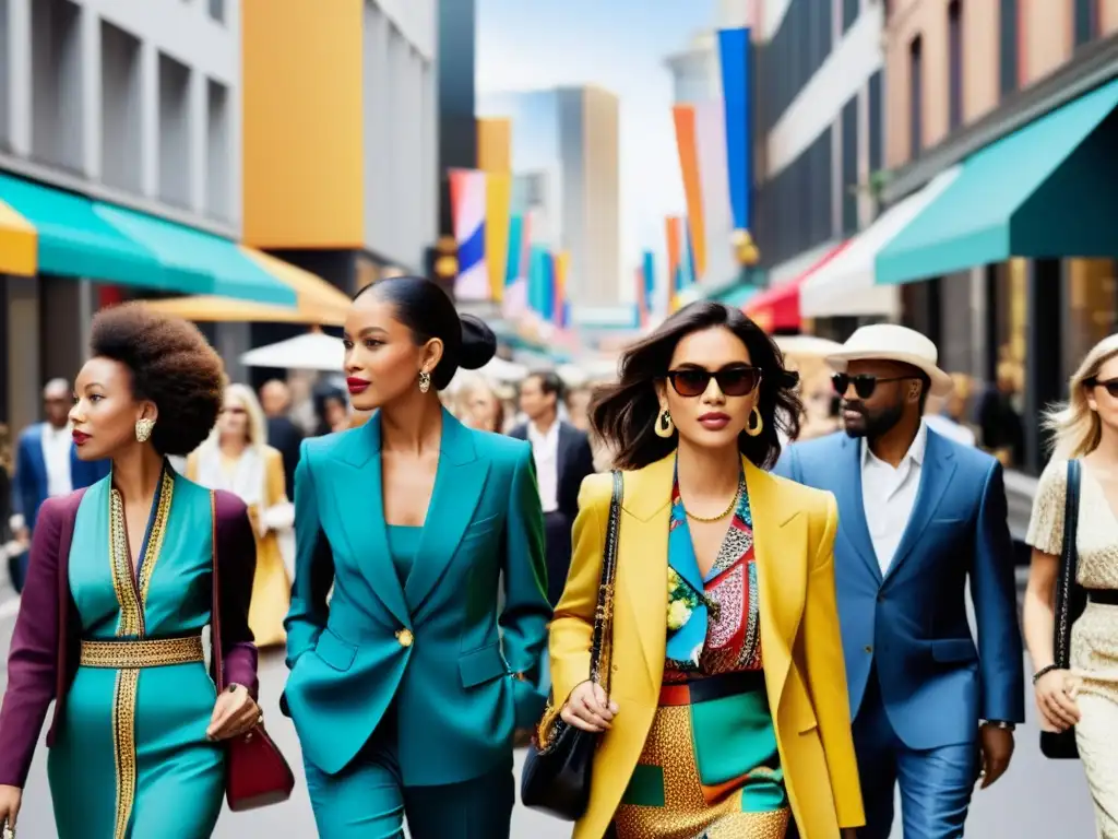 Una calle bulliciosa llena de moda variada, reflejando el impacto cultural e histórico de la moda en el siglo XXI