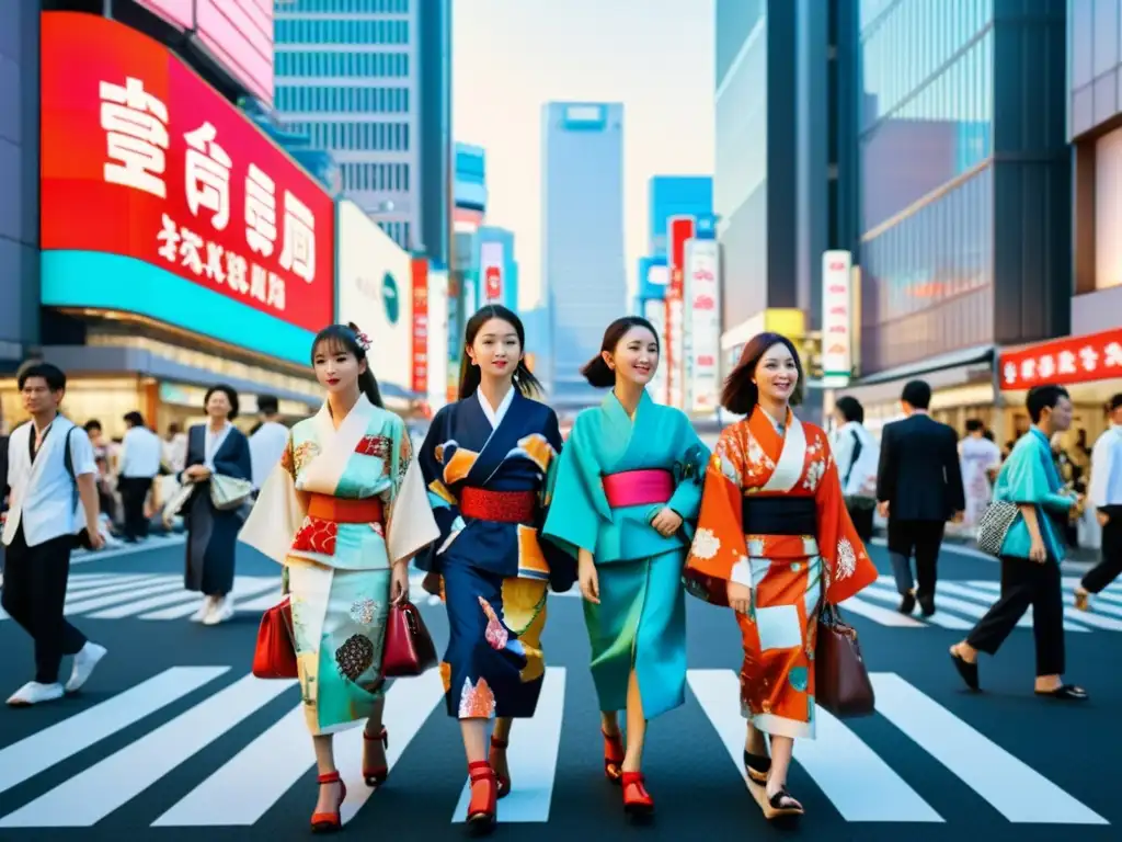 Una calle de Tokio llena de moda japonesa contemporánea y tradicional, capturando la energía creativa de la escena de la moda en Japón