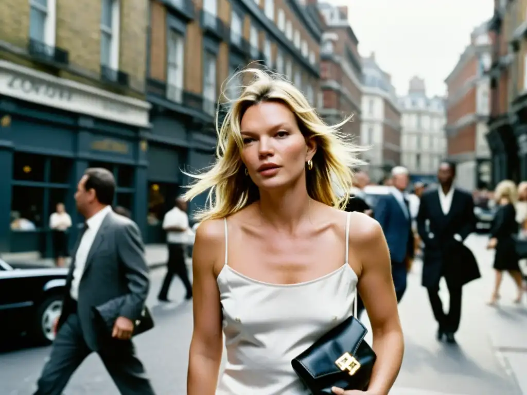 Kate Moss camina por una calle urbana en los años 90, luciendo un estilo heroína chic con un vestido minimalista y una actitud desenfadada