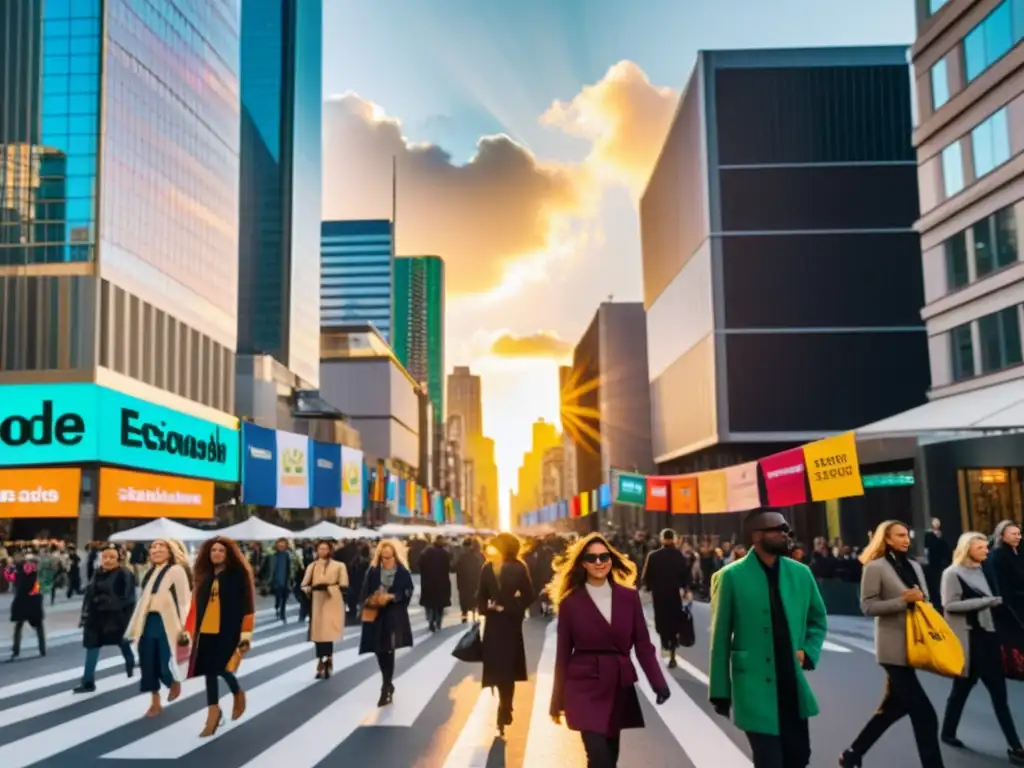 Una calle urbana llena de gente con moda verde, banners coloridos y el atardecer creando una atmósfera vibrante