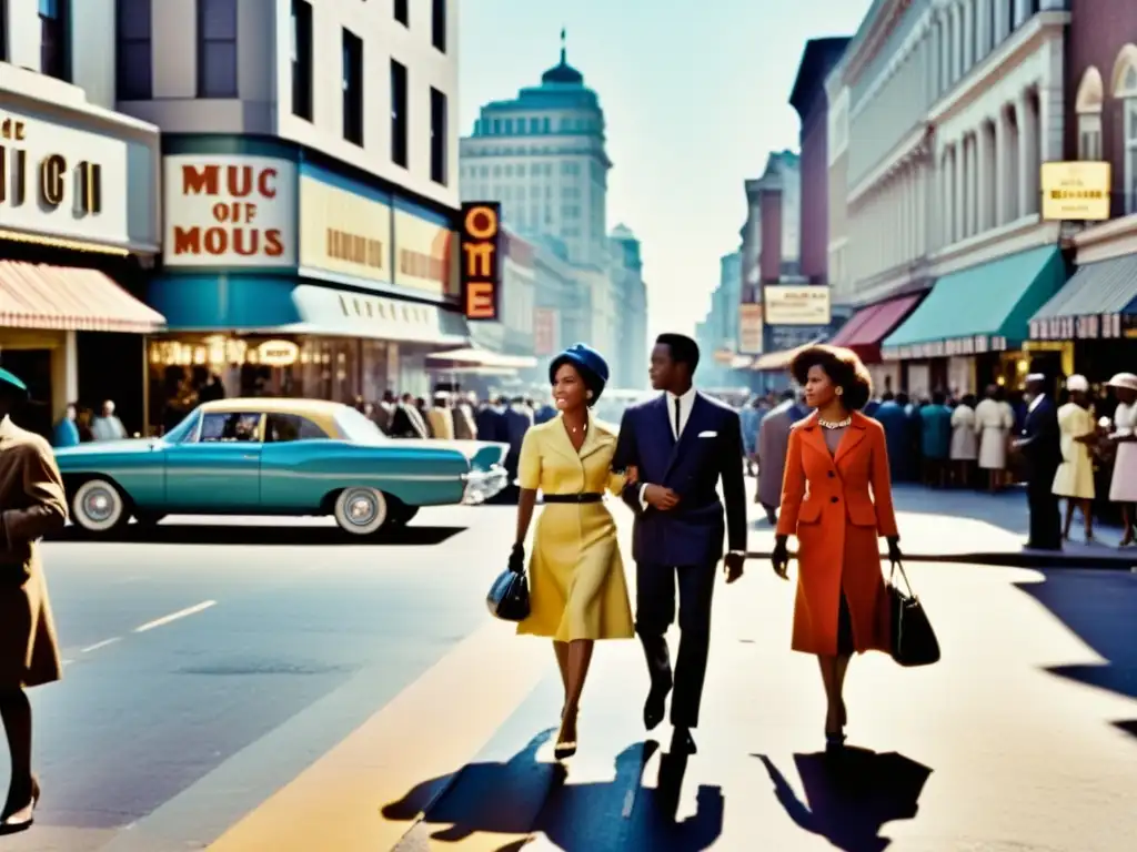 Una calle vibrante de la ciudad en la década de 1960, capturando el impacto cultural de la moda elegante y la música soul