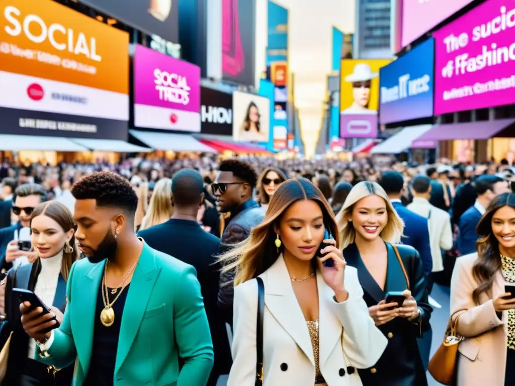 Una calle vibrante y concurrida durante un evento de moda, donde las redes sociales y la moda tienen un impacto cultural global