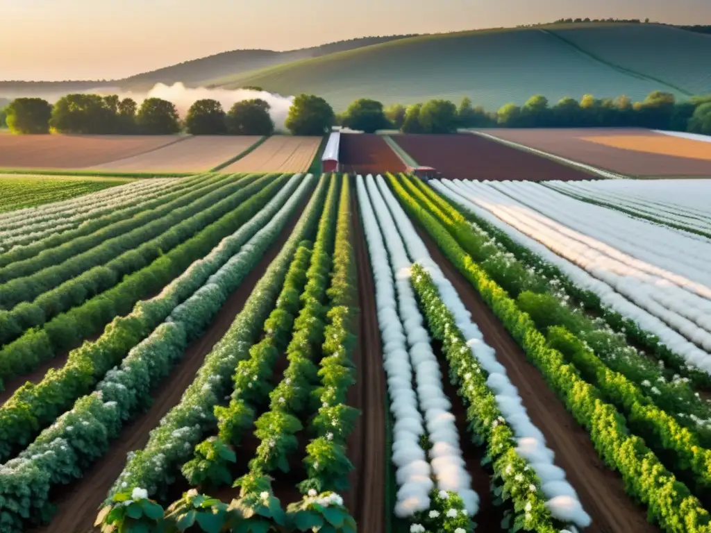 Un campo de algodón orgánico al atardecer, con plantas verdes y flores blancas