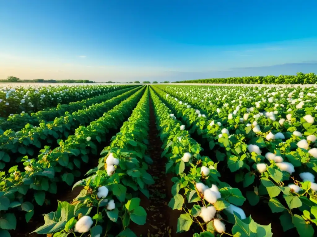 Esplendor algodonero bajo el cielo azul Campo de algodón vibrante bajo cielo azul, con fábrica al fondo