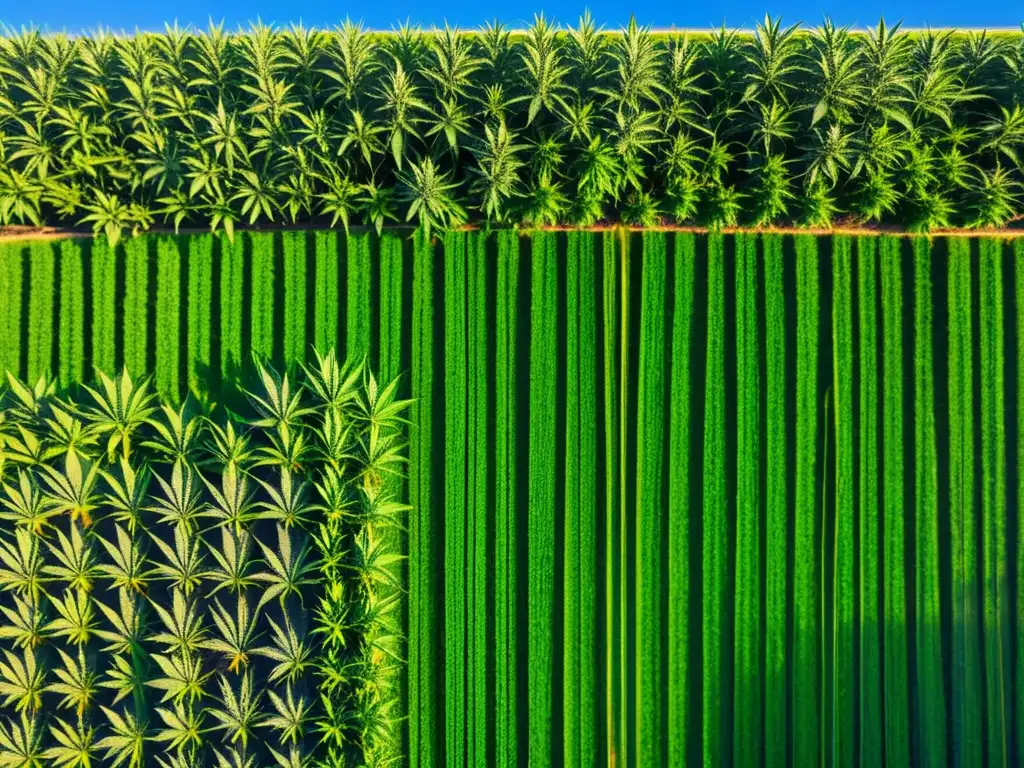 Campo de cáñamo verde: cosecha sostenible y belleza natural Campo de cáñamo verde vibrante bajo cielo azul