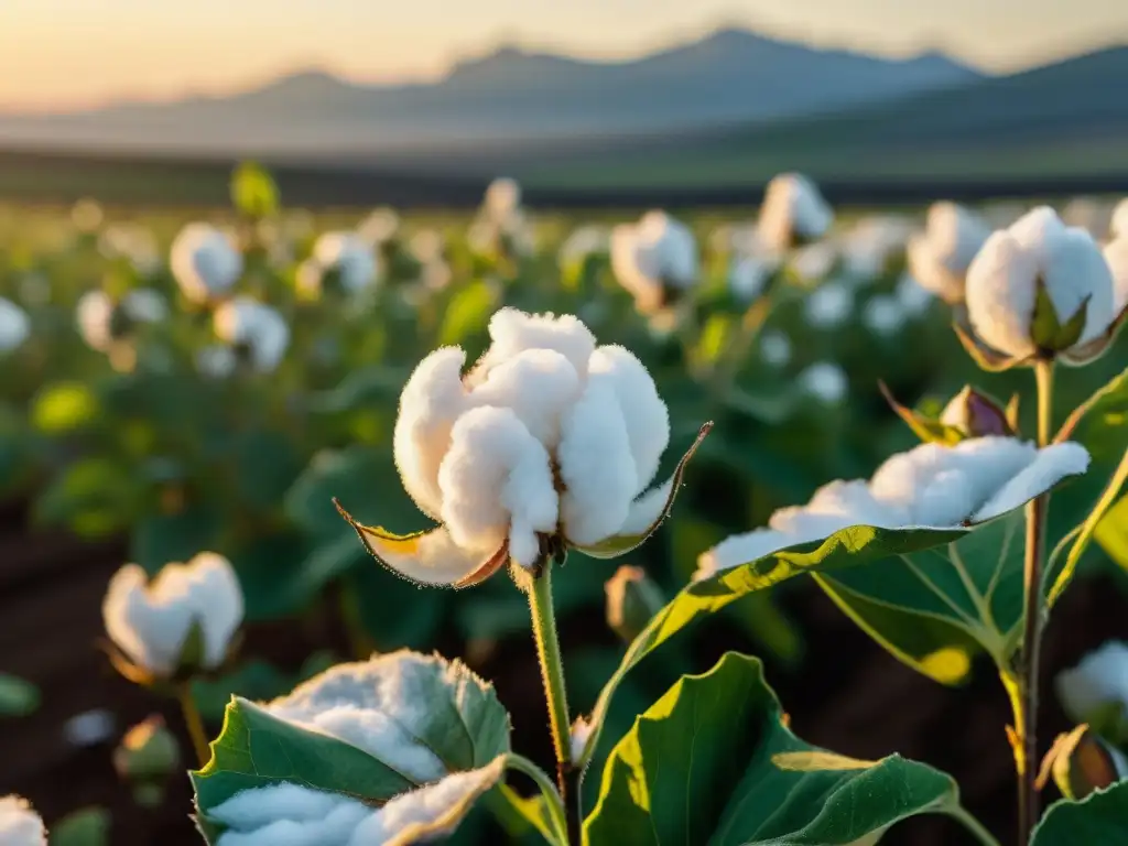 Campos de algodón orgánico en moda: Amanecer dorado sobre plantas de algodón con rocío, transmitiendo pureza y belleza natural