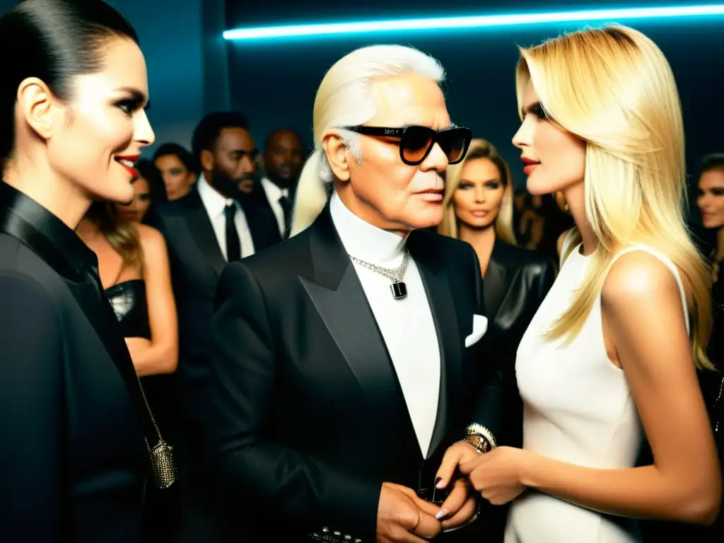 Karl Lagerfeld y Claudia Schiffer en el caos del backstage, capturando la influencia de las Semanas de Moda