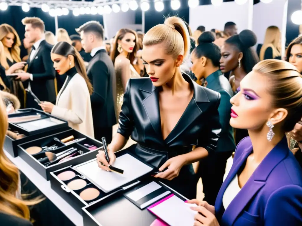 Caótico backstage de desfile de moda con diseñadores, modelos y maquilladores