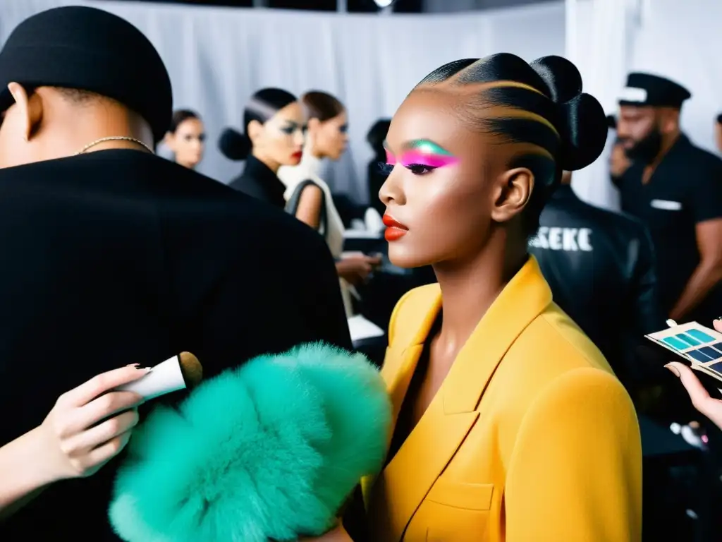 Caótico backstage en la Semana de la moda con diseñadores, modelos y artistas de maquillaje inmersos en la intensa preparación y energía creativa