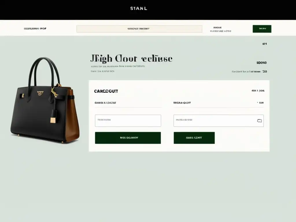 Una captura de pantalla de alta resolución de la página de pago de un sitio web de moda, destacando sugerencias de accesorios basadas en las prendas seleccionadas por el cliente