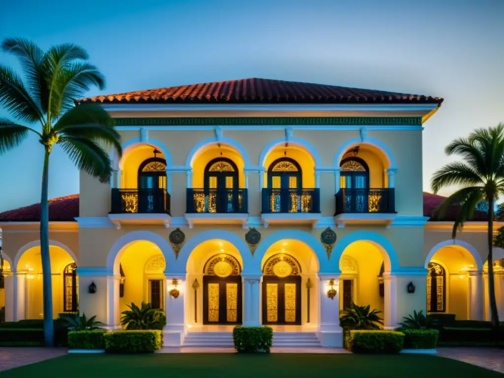 Resurrección de la casa Versace en Miami, Florida: fachada grandiosa, luces nocturnas, palmeras y opulencia italiana