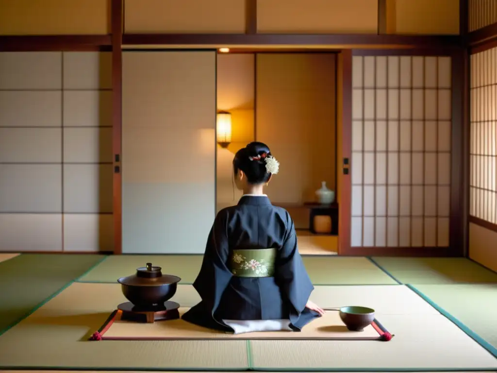 Una ceremonia del té japonesa en una sala serena con kimonos, resalta la elegancia y riqueza cultural